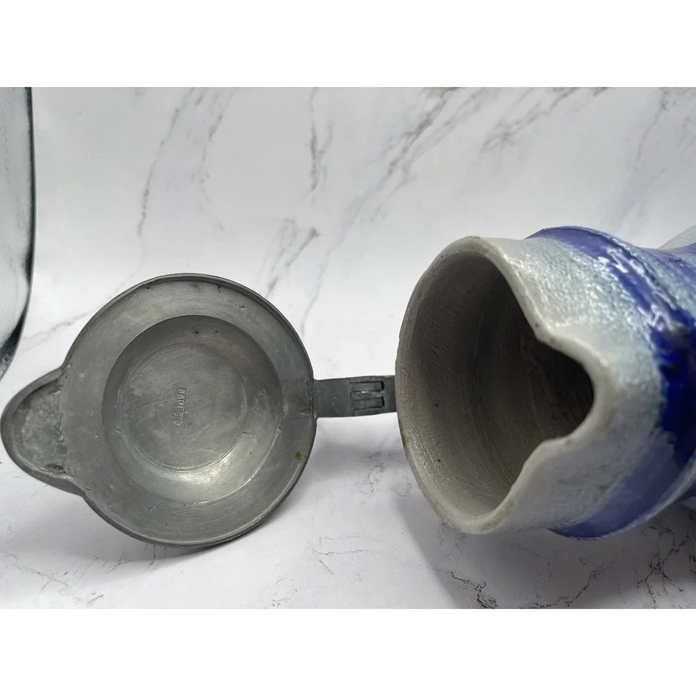 Vintage‎ Stoneware Salt Glazed Stein/Tankard Cobalt Blue w/Pewter Lid 8.5